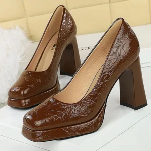 White Platform high heels 9 cm Square head Women Pumps Oil gloss wrinkled patent leather Women Heels Luxury banquet shoes 2025