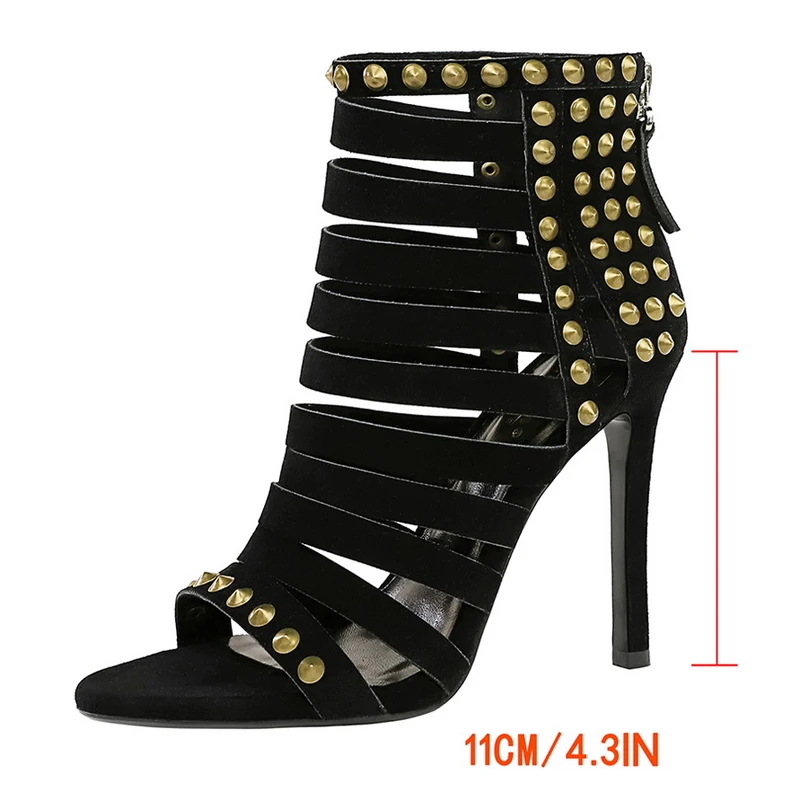 Retro Roman Sandals Women shoes Rivet design heeled sandals Rear zipper Sexy high heels Stiletto 11 cm Hollow out Summer Shoes - Image 2