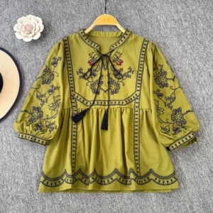 Women Summer Blouse Vintage Ethnic Embroidered Lace Up Blusa Artistic Splicing Loose Seven Quarter Sleeve V-neck Top BL095