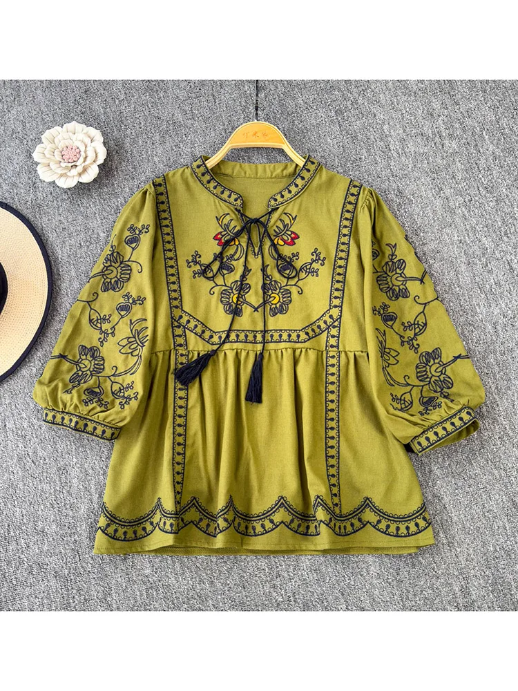 Women Summer Blouse Vintage Ethnic Embroidered Lace Up Blusa Artistic Splicing Loose Seven Quarter Sleeve V-neck Top BL095