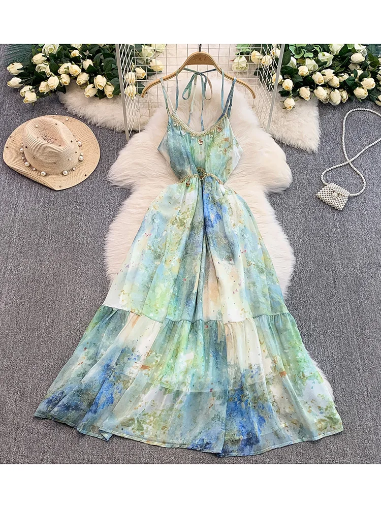 Women‘s Summer Vestidos Fairycore Blend Print V-neck French Design Tassel Waist Cinched Ruffle Edge Suspender Dress DS196