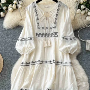 Summer Retro Ethnic Style Bubble Sleeve Dress Women's New Embroidery Tassel Loose Casual Vacation Mini Beach Dress Female D10