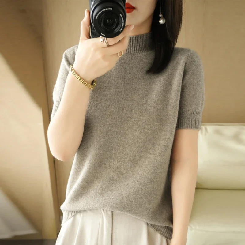 Spring Autumn Women Sweater Casual Warm Bottoming Shirts Mock Neck Basic Knitwear Short Sleeve Pullovers Korean Fashion Jumper - Image 4