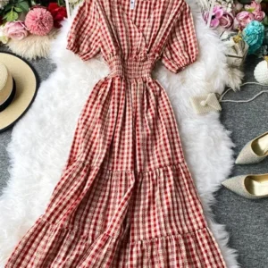 New Women's Short Sleeve V-neck Plaid Dress Beach Vacation Summer Retro Waist Short-sleeved Casual Forest Dress ML825