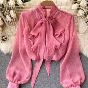 Women's Spring New Blouse Sweet Pure V-neck Bow Puff Sleeve Fashion Printing Loose Versatile Chiffon Shirt D0139