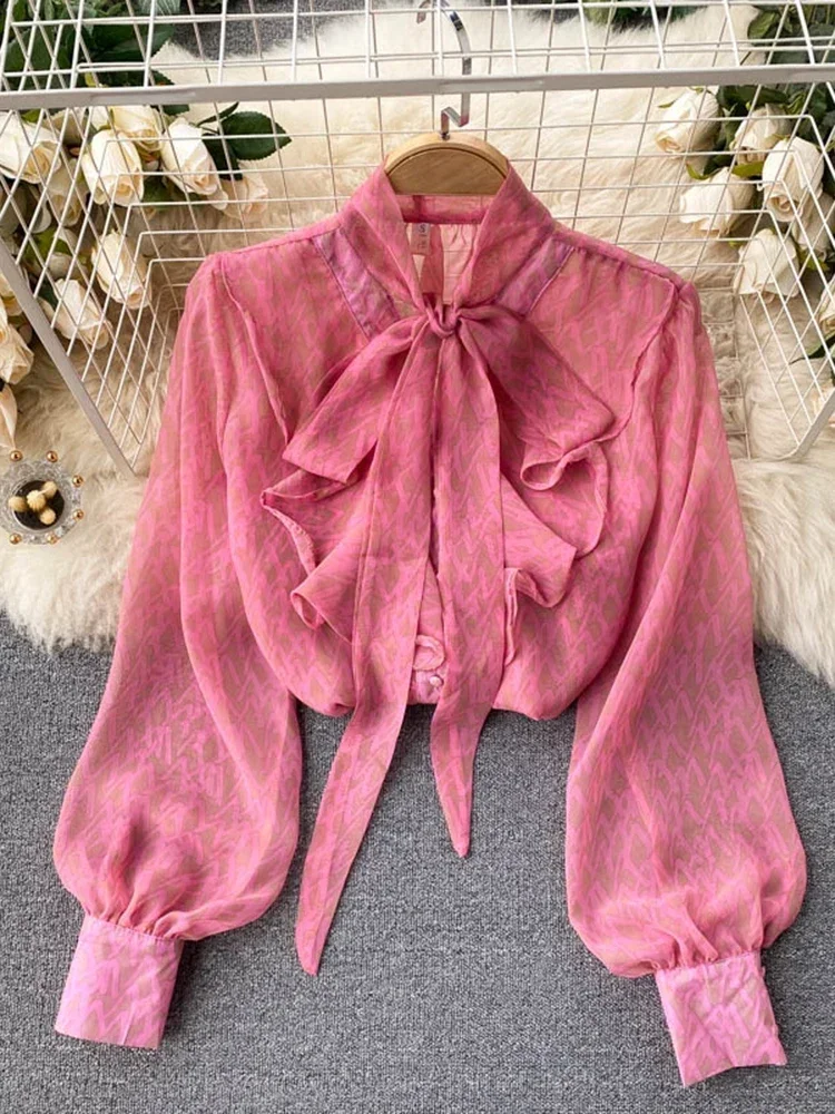Women's Spring New Blouse Sweet Pure V-neck Bow Puff Sleeve Fashion Printing Loose Versatile Chiffon Shirt D0139