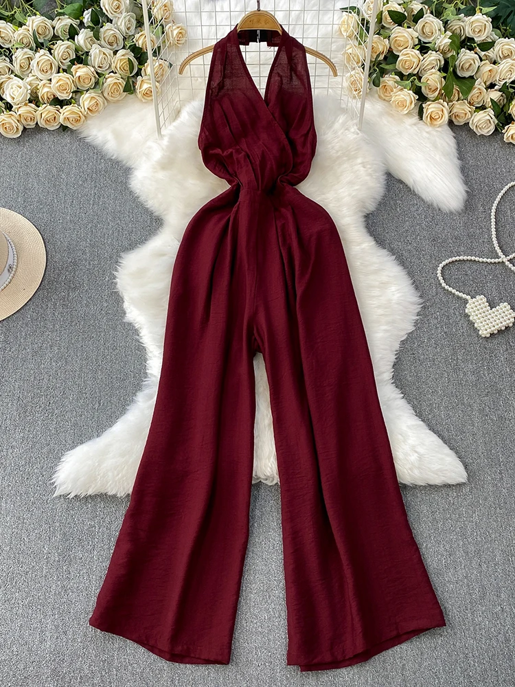 Summer Women's Sexy Backless Hanging Neck Jumpsuit New Fashionable Beach Vacation Waist Cinched Wide Leg Pants L62 - Image 2