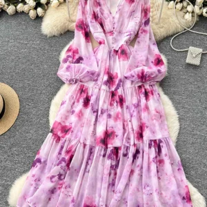 Spring Autumn French Long Sleeved Chiffon Dress Women New Beach V-neck with Cinched Waist Large Swing Printed Long Dress J60