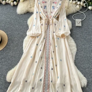 Spring/Summer Women's French Embroidered Long Sleeve Dress Elegant Stand up Collar Single breasted Resort Bohemian Dress D15