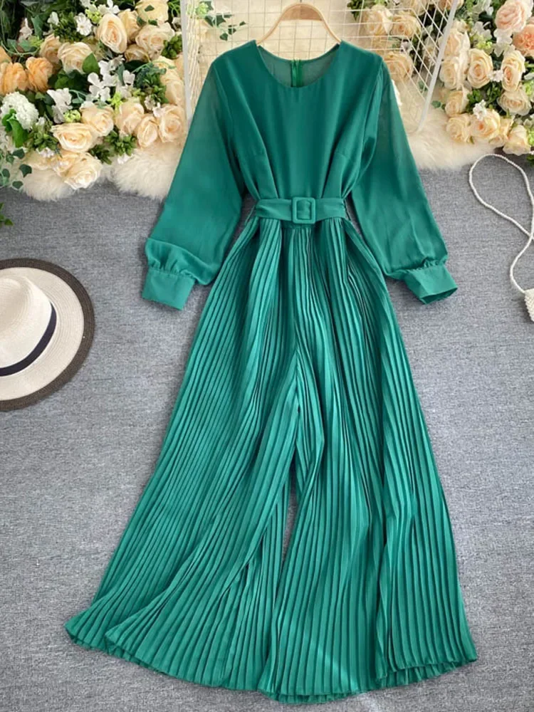 Women's Spring Autumn Jumpsuit New Solid Color Round Neck Long-sleeved Pleated Wide-leg Pants Lace Up Thin Jumpsuit LL061 - Image 2