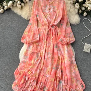 New Women's European Vintage Lantern Sleeve Fragmented Flower Spring Drawstring Waist Design Long Sleeve Ruffled Dress D4118