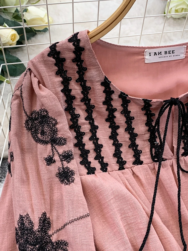 Women's Dress Autumn Bohemian Vintage French Lace Flower Embroidery O-neck Lantern Sleeve Bandage Elegant Long Vestidos DS205 - Image 5
