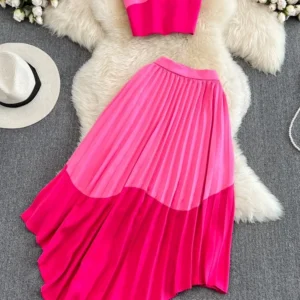 Women Summer Dress Fashion Suit Spicy Girl Strapless Bra Top Two-piece High Waist Draped Irregular Pleated Dress D3068