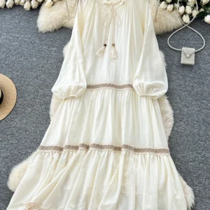 Spring Autumn Women's Vacation Long Sleeved Dress Bohemian Retro Loose A-line Large Swing Tassel Long Dress D46