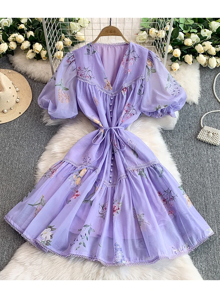 French Sweet Lace Edge V-neck Dress for Women's Summer New Fashionable Elegant Birthday Party Showdown Medium length Dress L05