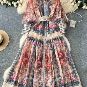 New Retro Court Printed Lapel Lantern Sleeve Cinched Waist Single Breasted Dress Women's Long Sleeved Elegant Long Dress A299