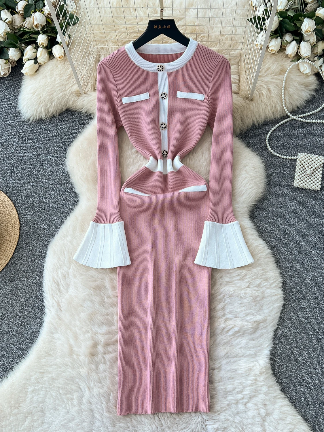 Women French Dress Knitted Autumn Winter O-neck Long-sleeved Button Elastic Simple Design Mid-length Female Vestidos DS211 - Image 2