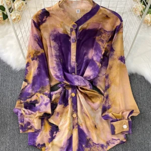 Women's Spring Shirt Retro Style Tie Dye Printed Stand Up Collar Casual Long Sleeved Sunscreen Shirt Design Sense Top BL191