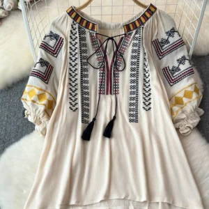 Summer Women's Retro Ethnic Style Short Sleeved Blouse V-neck Loose Embroidered Casual Pullover Top A51