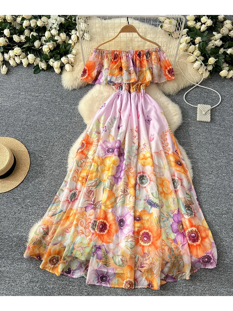 Women's Summer Dress Sexy Vacation Style One Shoulder Lotus Leaf Edge Splicing Temperament Long Printed Chiffon Dress DS037 - Image 2