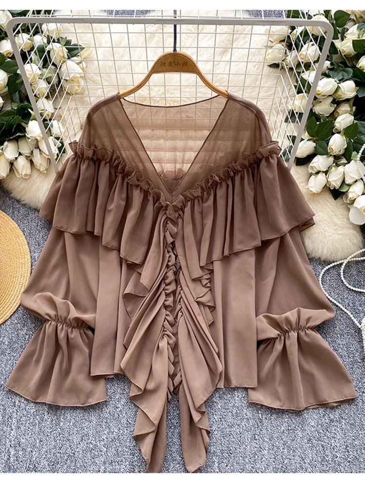New Spring Autumn Women's Ruffle Splicing Horn Sleeve Chiffon Blouse Top Apricot Fashion Elegant Loose Blusa Feminina C313