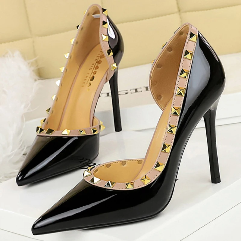 Sexy Women Pumps Rivet Design High Heels Women 10.5 CM Stiletto Patent leather Ladies Pumps Luxury banquet shoes Plus Size 43 - Image 5