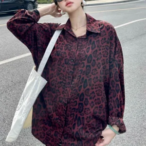Women Spring Shirt Korean Version Fashion New Casual Commute Straight Leg Leopard Print Chiffon Shirt Loose Fit BL091