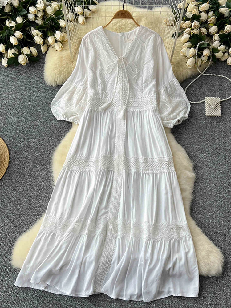 Summer New Retro Lace Patchwork Dress for Women Sweet V-neck Lantern Sleeves Loose A-line Length Vacation Beach Dress D05 - Image 2