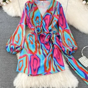 Women Autumn Dress Temperament Self-cultivation Sexy V-neck Bubble Long-sleeved Waistband Thin Bow Tie A-line Dress D2836