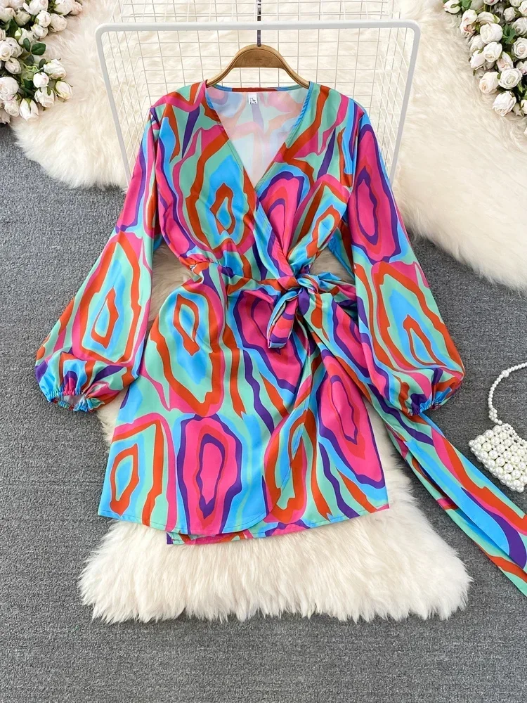 Women Autumn Dress Temperament Self-cultivation Sexy V-neck Bubble Long-sleeved Waistband Thin Bow Tie A-line Dress D2836