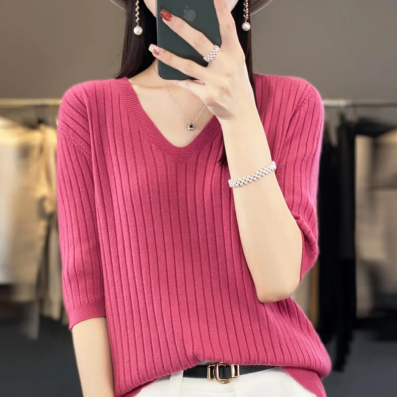 2025 Women Sweater Short Sleeve Spring Summer Knitwears Korean Fashion Stripe Pullovers Slim Fit Knit Tops Casual V-neck Jumpers - Image 5