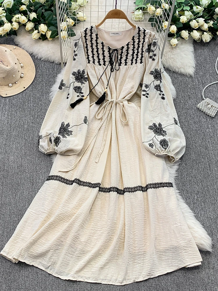 Women's Dress Autumn Bohemian Vintage French Lace Flower Embroidery O-neck Lantern Sleeve Bandage Elegant Long Vestidos DS205 - Image 6