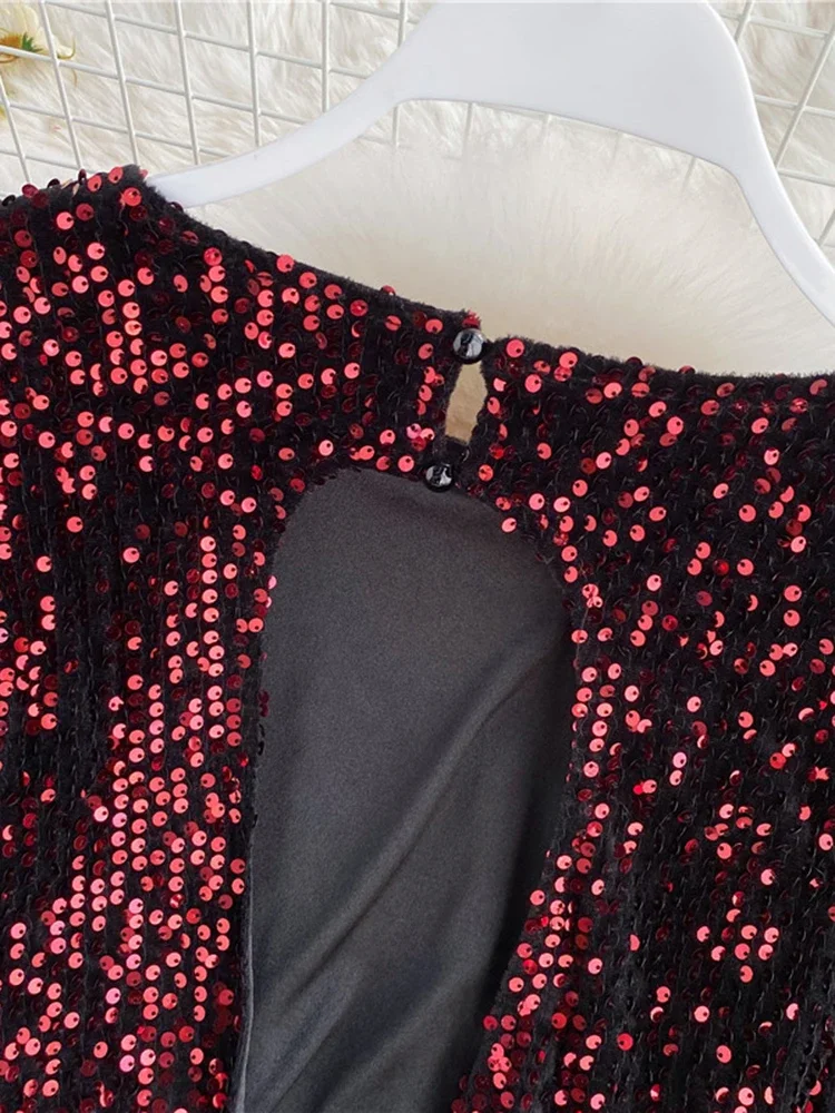 litmage Women Spring Blouse New Sequins O-Neck T Shirts Long-sleeved Open Back Lace-up Bow Short Tops Female Blusa Tee GX1082 - Image 4