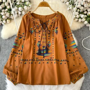 Women's Autumn Blouse Temperament Fashionable Vintage Embroidered Shirt 2024 New Bohemian Vacation Style Loose Top BL026