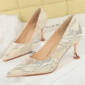 BIGTREE Shoes Lace glitter fabric women pumps New Design Kitten heels Women shoes Female Occupation Office Shoes Large size 43