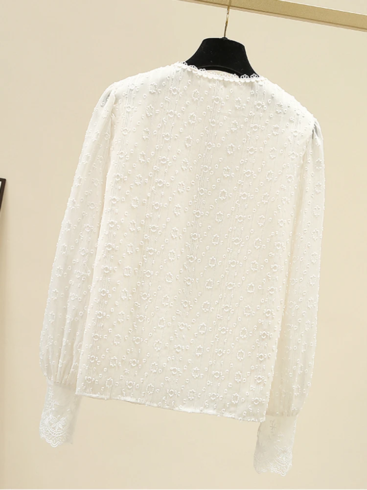 Spring Autumn Long Sleeved Chiffon Shirt Women's New Office Lady Apricot V-Neck Simple Sweet Elegant Lace Blouse Top S153 - Image 2