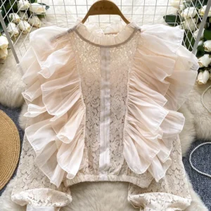 New Spring Autumn Women's Lotus Leaf Edge Splicing Lace Blusoe French Sweet Elegant Hollow Hook Flower Long Sleeve Shirt Top W62