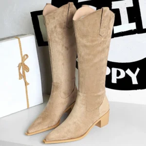 BIGTREE Shoes Women knee-high boots autumn winter shoes High boots Suede Middle heel pointed tip Women Boots Botas Para Mujer