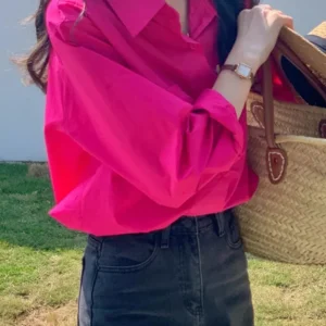 Rose Red Shirt Women's 2025 New Spring Autumn Season Dragon Fruit Color Top Long Sleeved Underlay Layup Loose casual Shirt A107