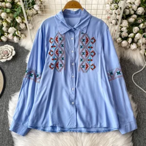 Women's Spring Shirt Ethnic Style Art Retro Embroidery Lapel Long Sleeved Shirt New Commuting Style Slimming Shirt BL179