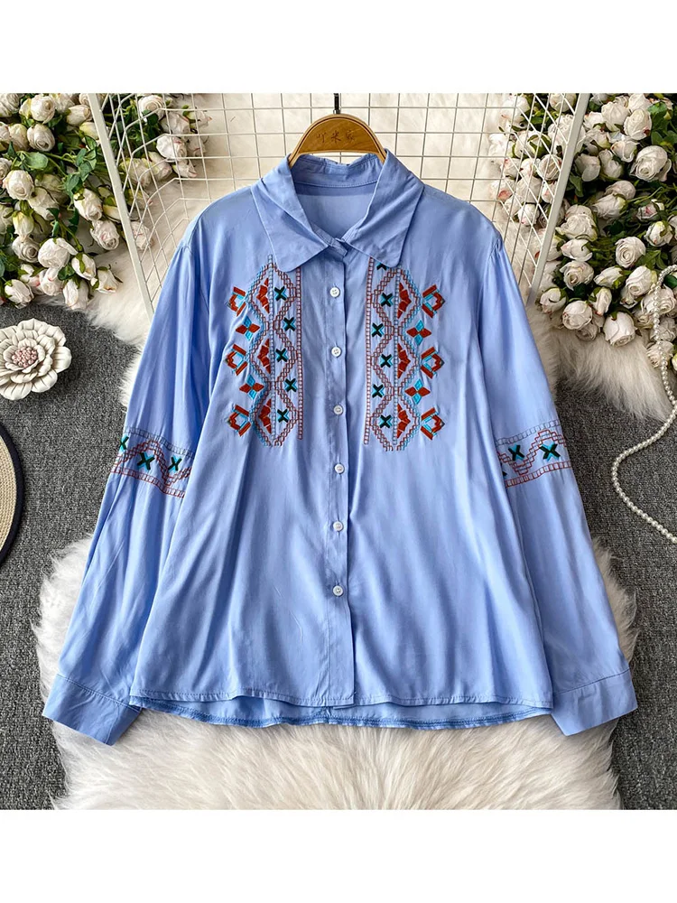 Women's Spring Shirt Ethnic Style Art Retro Embroidery Lapel Long Sleeved Shirt New Commuting Style Slimming Shirt BL179