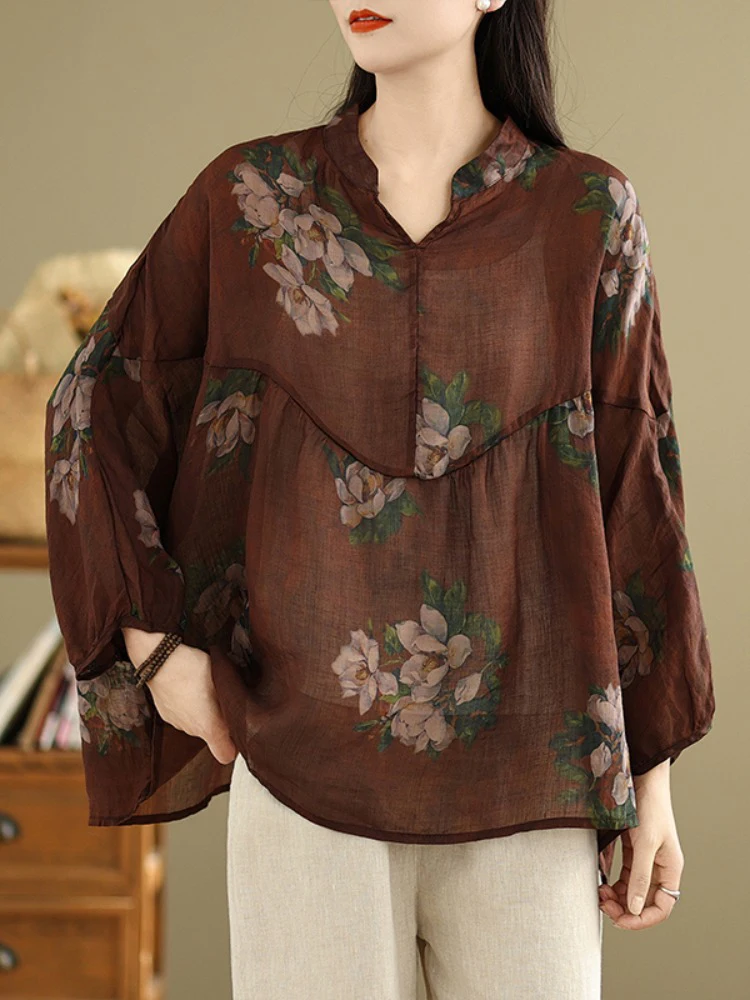 Spring/Summer Forest Printed Retro Shirt for Women Japanese Ramie Thin Loose Artistic Casual Three Quarter Boulse Femade C108