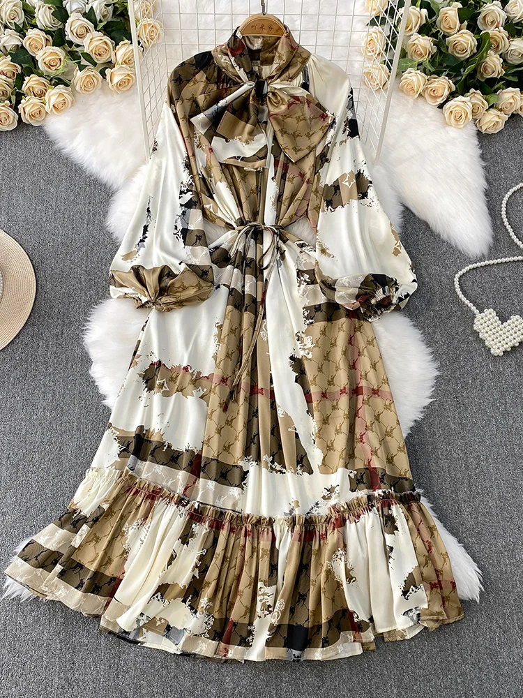 Women‘s Spring Dress French Style Lace Up Bow V-neck Lantern Sleeve Cinched Waist Printed Lotus Leaf Edge Vestidos DS150 - Image 3