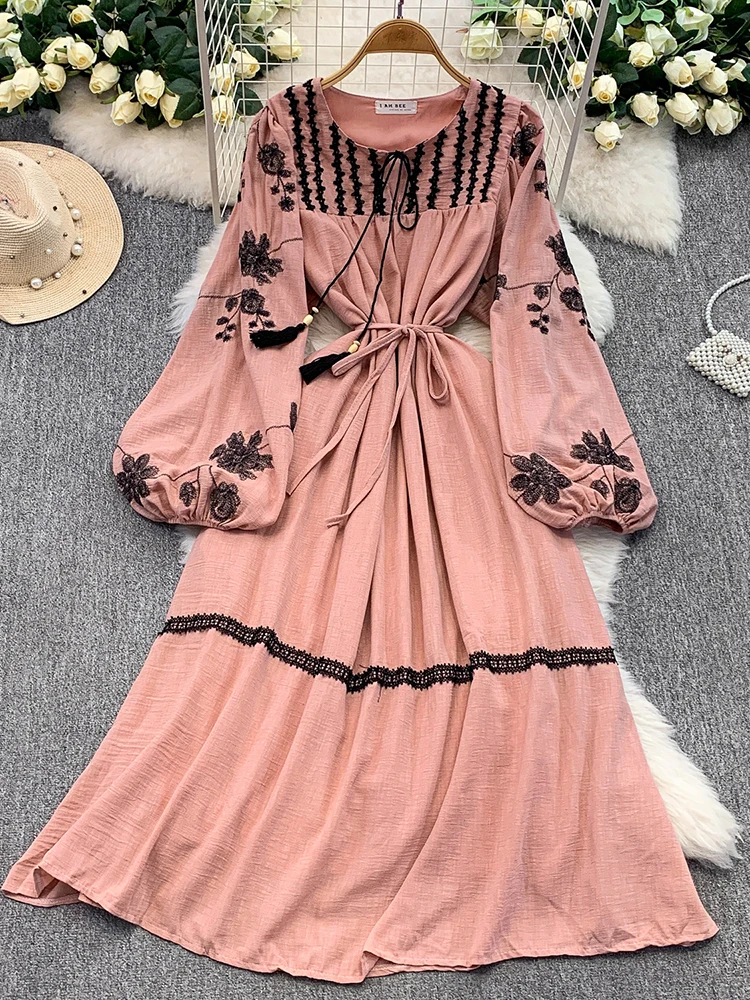 Women's Dress Autumn Bohemian Vintage French Lace Flower Embroidery O-neck Lantern Sleeve Bandage Elegant Long Vestidos DS205