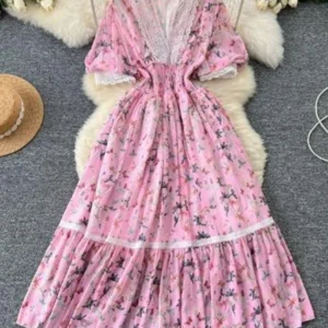 French Retro Floral Dress for Women's Summer New Fashionable Prairie Chic V-neck Waist Cinched A-line Long Dress C170