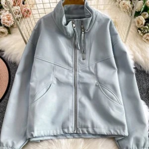 Women Autumn Jackets Zipper Stand Collar Leather Autumn Winter Stylish Motorcycle PU Leather Top Trendy Maillard Blue Top JK008