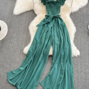 New Summer Style Fashion Temperament Slash NeckJumpsuit Tight Waist Tie Show Thin Slit Wide Leg Jumpsuit Women D0712