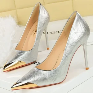 BIGTREE Shoes Women 9.5 cm silvery black white Wine Red Women Pumps Metal pointed tip High Heels Sexy party shoes stilettos