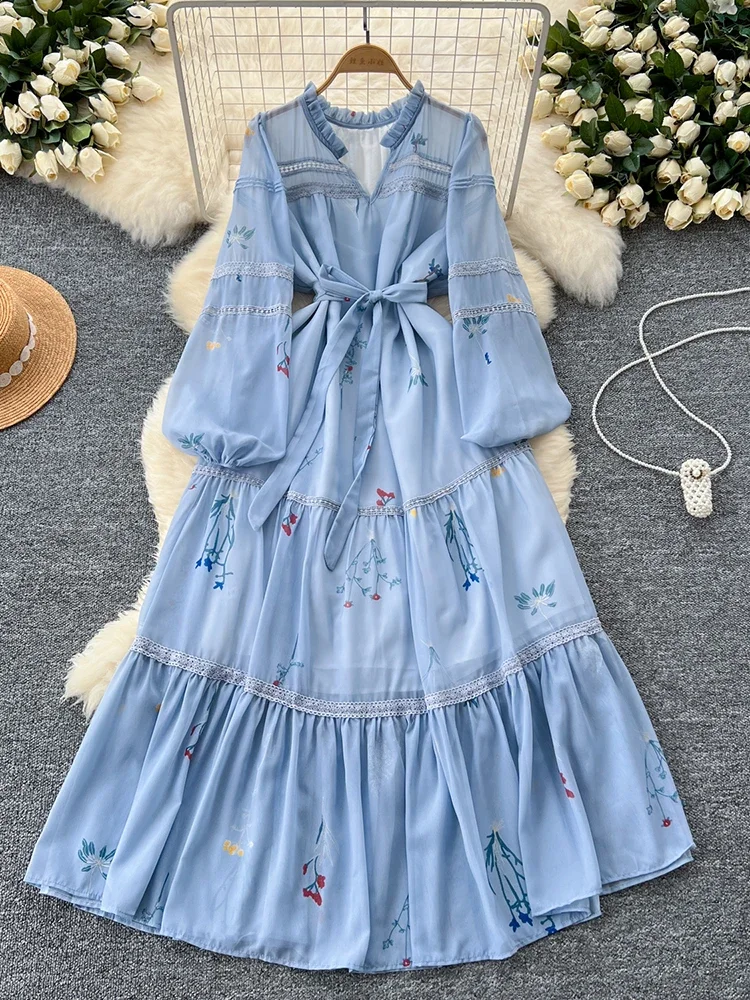 2025 Spring Autumn New Loose Art Fashion Printed Long Sleeve Dress for Women Splicing Versatile Mid To Long Length Dress C113