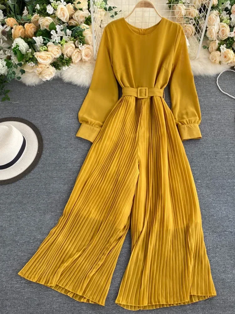 Women's Spring Autumn Jumpsuit New Solid Color Round Neck Long-sleeved Pleated Wide-leg Pants Lace Up Thin Jumpsuit LL061 - Image 5